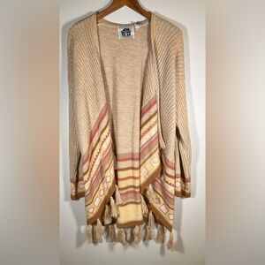 Vintage 90s Storybrook Knits tan orange southwestern wrap duster fringe sz XS